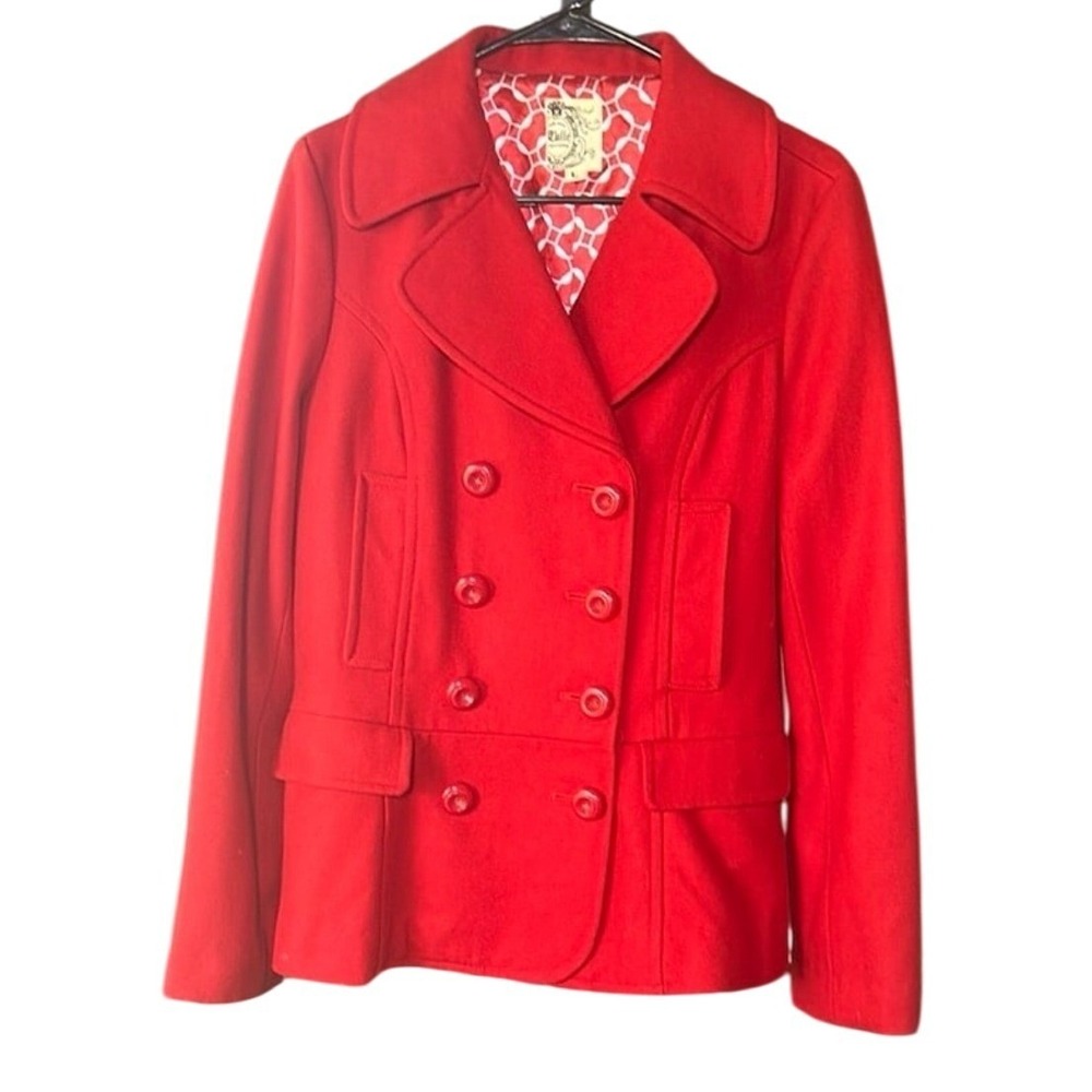 Anthropologie Tulle Red Wool Blend Pea Coat Double Breasted Jacket Cute Lined‎ L